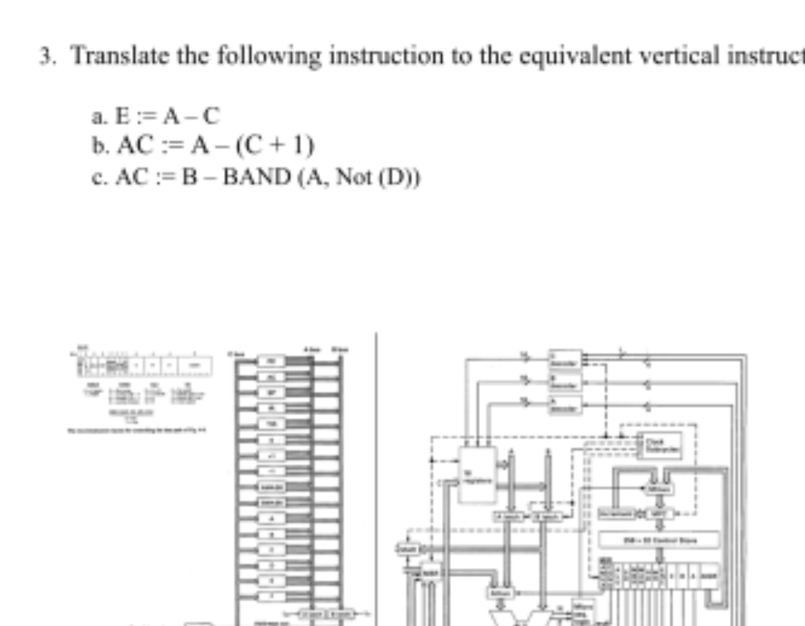 3. Translate the following instruction to the equivalent vertical instruct
a. E := A-C
b. AC := A- (C+1)
c. AC := B – BAND (A, Not (D)
