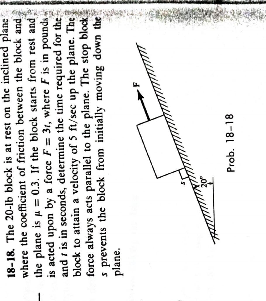 18-18. The 20-lb block is at rest on the inclined plane
where the coefficient of friction between the block and
the plane is μ = 0.3. If the block starts from rest and
is acted upon by a force F = 31, where F is in pounds
and is in seconds, determine the time required for the
block to attain a velocity of 5 ft/sec up the plane. The
force always acts parallel to the plane. The stop block
s prevents the block from initially moving down the
plane.
20°
Prob. 18-18