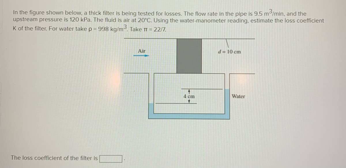In the figure shown below, a thick filter is being tested for losses. The flow rate in the pipe is 9.5 m³/min, and the
upstream pressure is 120 kPa. The fluid is air at 20°C. Using the water-manometer reading, estimate the loss coefficient
K of the filter. For water take p = 998 kg/m³. Take π = 22/7.
The loss coefficient of the filter is
Air
4
4 cm
Y
d = 10 cm
Water