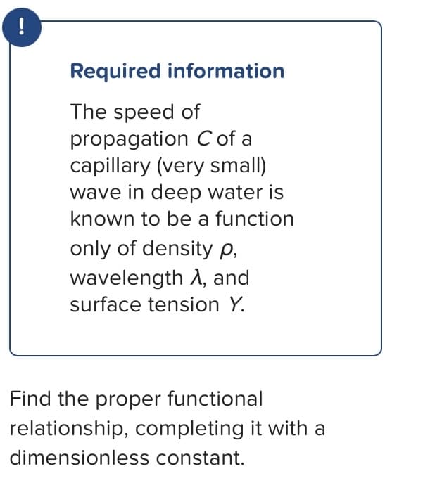 —
Required information
The speed of
propagation C of a
capillary (very small)
wave in deep water is
known to be a function
only of density p,
wavelength A, and
surface tension Y.
Find the proper functional
relationship, completing it with a
dimensionless constant.