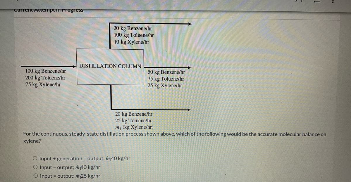 Current Attempt in Progress
100 kg Benzene/hr
200 kg Toluene/hr
75 kg Xylene/hr
30 kg Benzene/hr
100 kg Toluene/hr
10 kg Xylene/hr
DISTILLATION COLUMN
50 kg Benzene/hr
75 kg Toluene/hr
25 kg Xylene/hr
20 kg Benzene/hr
25 kg Toluene/hr
m, (kg Xylene/hr)
O Input + generation = output; 40 kg/hr
O Input = output; m 40 kg/hr
O Input = output; 25 kg/hr
!
For the continuous, steady-state distillation process shown above, which of the following would be the accurate molecular balance on
xylene?