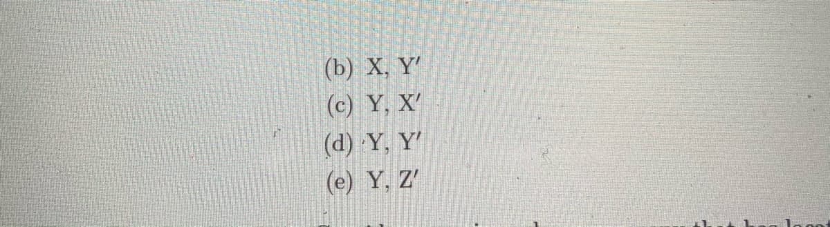 (b) X, Y'
(с) Y, X'
(а) Y, Y'
(e) Y, Z'
