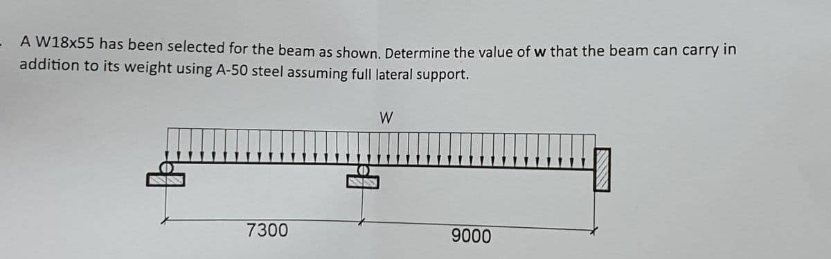 - A W18x55 has been selected for the beam as shown. Determine the value of w that the beam can carry in
addition to its weight using A-50 steel assuming full lateral support.
7300
W
9000