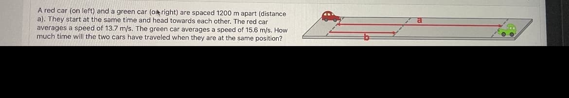 A red car (on left) and a green car (o right) are spaced 1200 m apart (distance
a). They start at the same time and head towards each other. The red car
averages a speed of 13.7 m/s. The green car averages a speed of 15.6 m/s. How
much time will the two cars have traveled when they are at the same position?
00