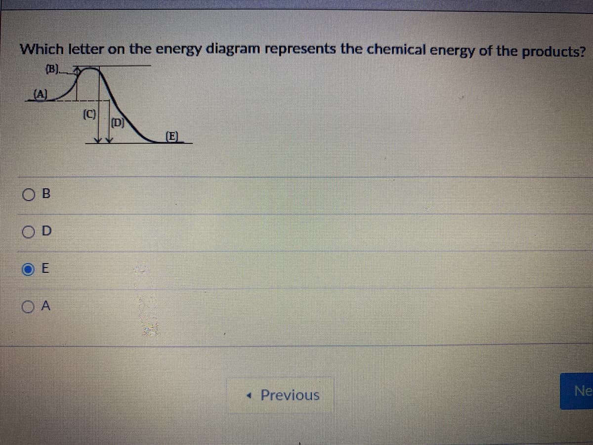 Which letter on the energy diagram represents the chemical energy of the products?
(B).
(A)]
(C)
D)
(E)
OD
• Previous
Ne
E.
