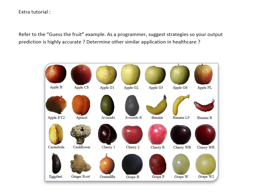 Extra tutorial :
Refer to the "Guess the fruit" example. As a programmer, suggest strategies so your output
prediction is highly accurate ? Determine other similar application in healthcare ?
Apple B
Apple CS
Apple G1
Apple G2
Apple G3
Apple GS
Apple PL
Apple RY2
Apricot
Avocado
Avocado R
Banana
Banana LF Banana R
Carambula
Cauliflower
Cherry 1
Cherry 2
Chery R
Cherry WB Chery WR
Eggplant
Ginger Root
Granadilla
Grape B
Grape P
Grape W
Grape W2
