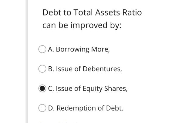 Debt to Total Assets Ratio
can be improved by:
A. Borrowing More,
B. Issue of Debentures,
C. Issue of Equity Shares,
D. Redemption of Debt.
