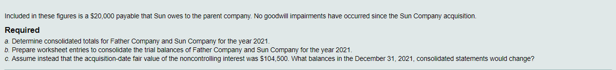 Included in these figures is a $20,000 payable that Sun owes to the parent company. No goodwill impairments have occurred since the Sun Company acquisition.
Required
a. Determine consolidated totals for Father Company and Sun Company for the year 2021.
b. Prepare worksheet entries to consolidate the trial balances of Father Company and Sun Company for the year 2021.
c. Assume instead that the acquisition-date fair value of the noncontrolling interest was $104,500. What balances in the December 31, 2021, consolidated statements would change?