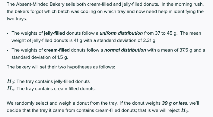 The Absent-Minded Bakery sells both cream-filled and jelly-filled donuts. In the morning rush,
the bakers forgot which batch was cooling on which tray and now need help in identifying the
two trays.
• The weights of jelly-filled donuts follow a uniform distribution from 37 to 45 g. The mea
weight of jelly-filled donuts is 41 g with a standard deviation of 2.31 g.
• The weights of cream-filled donuts follow a normal distribution with a mean of 37.5 g and a
standard deviation of 1.5 g.
The bakery will set their two hypotheses as follows:
Ho: The tray contains jelly-filled donuts
Ha: The tray contains cream-filled donuts.
We randomly select and weigh a donut from the tray. If the donut weighs 39 g or less, we'll
decide that the tray it came from contains cream-filled donuts; that is we will reject Ho.
