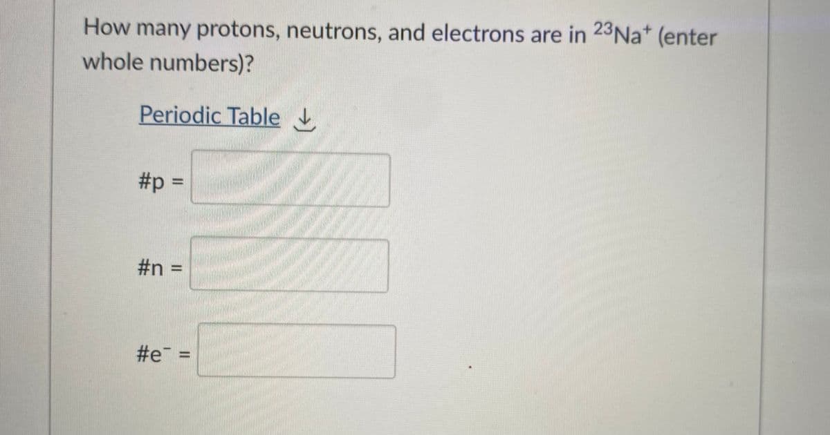 How many protons, neutrons, and electrons are in 23Na* (enter
whole numbers)?
Periodic Table
#p =
#n3=
#e =
