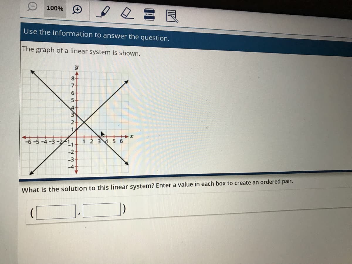 100%
Use the information to answer the question.
The graph of a linear system is shown.
8
7-
6-
5.
2-
-6-5-4-3-2/1
1 2 34 56
-2
-3+
-4+
What is the solution to this linear system? Enter a value in each box to create an ordered pair.
+++
