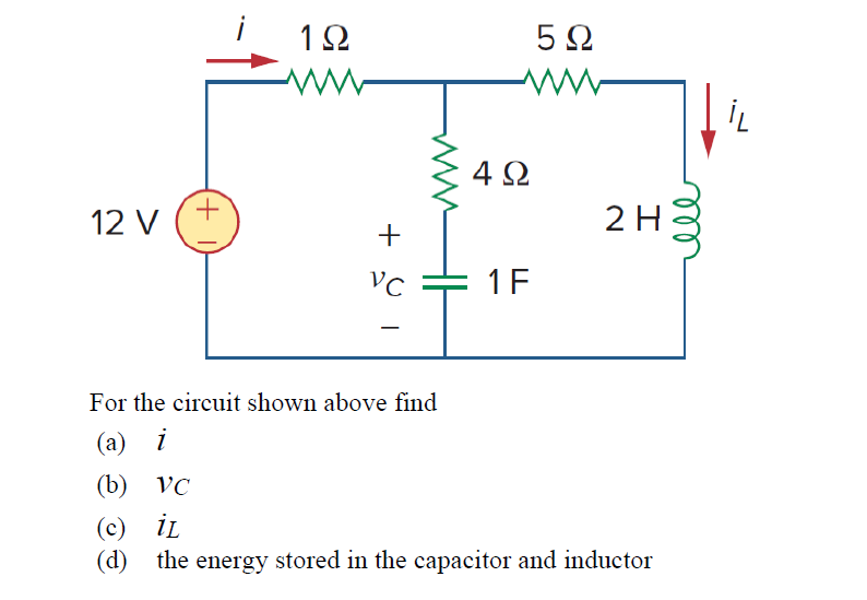 12
5Ω
4 2
12 V
2 H3
+
1F
For the circuit shown above find
(a) i
(b) VC
(c) İL
(d)
the energy stored in the capacitor and inductor
