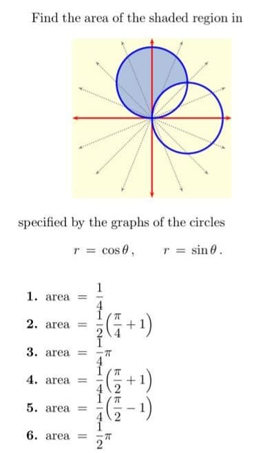 Find the area of the shaded region in
specified by the graphs of the circles
cos 0,
r = sin 0.
1. area =
2. area =
3. area
4. area
T =
5. area
||
||
||
6. area =
4|17|TATHATUNITAT
(+1)
k
π
Kaka
