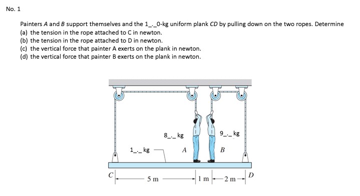 No. 1
Painters A and B support themselves and the 1__0-kg uniform plank CD by pulling down on the two ropes. Determine
(a) the tension in the rope attached to C in newton.
(b) the tension in the rope attached to D in newton.
(c) the vertical force that painter A exerts on the plank in newton.
(d) the vertical force that painter B exerts on the plank in newton.
8__ kg
9__ kg
1_ kg
A
5 m
1 m
-2 m
