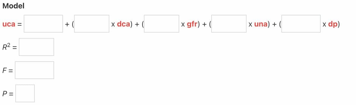 Model
uca =
R² =
F =
P =
+(
x dca) + (
x gfr) + (
x una) + (
x dp)