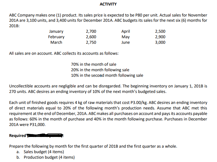 АСTIVITY
ABC Company makes one (1) product. Its sales price is expected to be P80 per unit. Actual sales for November
201A are 3,100 units, and 3,400 units for December 201A. ABC budgets its sales for the next six (6) months for
201B:
January
February
2,700
2,600
2,750
Аpril
2,500
2,900
3,000
May
March
June
All sales are on account. ABC collects its accounts as follows:
70% in the month of sale
20% in the month following sale
10% in the second month following sale
Uncollectible accounts are negligible and can be disregarded. The beginning inventory on January 1, 201B is
270 units. ABC desires an ending inventory of 10% of the next month's budgeted sales.
Each unit of finished goods requires 4 kg of raw materials that cost P3.00/kg. ABC desires an ending inventory
of direct materials equal to 20% of the following month's production needs. Assume that ABC met this
requirement at the end of December, 201A. ABC makes all purchases on account and pays its accounts payable
as follows: 60% in the month of purchase and 40% in the month following purchase. Purchases in December
201A were P31,000.
Required
Prepare the following by month for the first quarter of 201B and the first quarter as a whole.
a. Sales budget (4 items)
b. Production budget (4 items)
