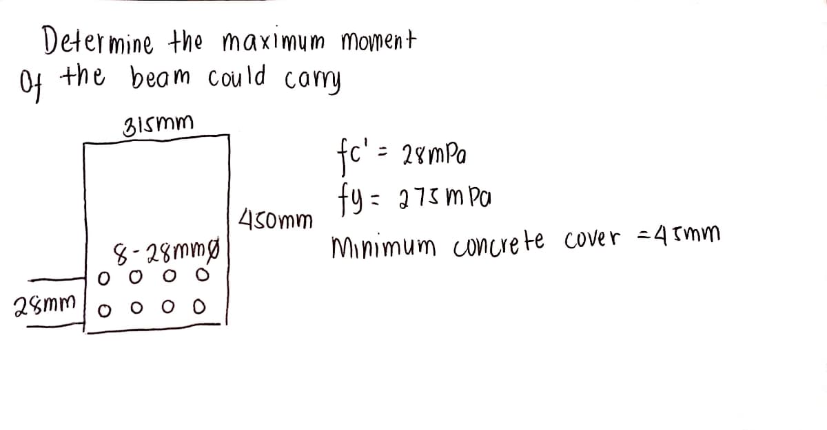 Determine the maximum monent
04 the beam could cary
of
3ismm
fc' = 28mPa
fc":
fy = 375 m pa
45omm
8-28mmø
Minimum concrete cover =4rmm
28mm
