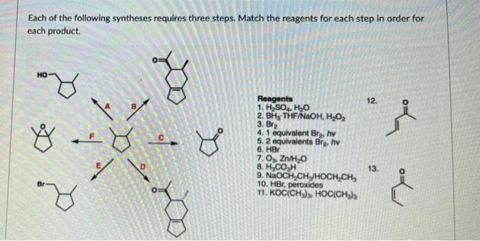 Each of the following syntheses requires three steps. Match the reagents for each step in order for
each product.
HO
8
Br
-8
F
D
Reagents
1. H₂SO₂, H₂O
2. BH, THF/NaOH, H₂O₂
3. Br₂
4.1 equivalent Brg, hv
5.2 equivalents Br₂, hv
6. HBr
7.0₂. Zn/H₂O
8. HCOH
9. NaOCH CH HOCH₂CH₂
10. HBr, peroxides
11. KOC(CH3)s. HỌC(CH3)
12.
13.
--