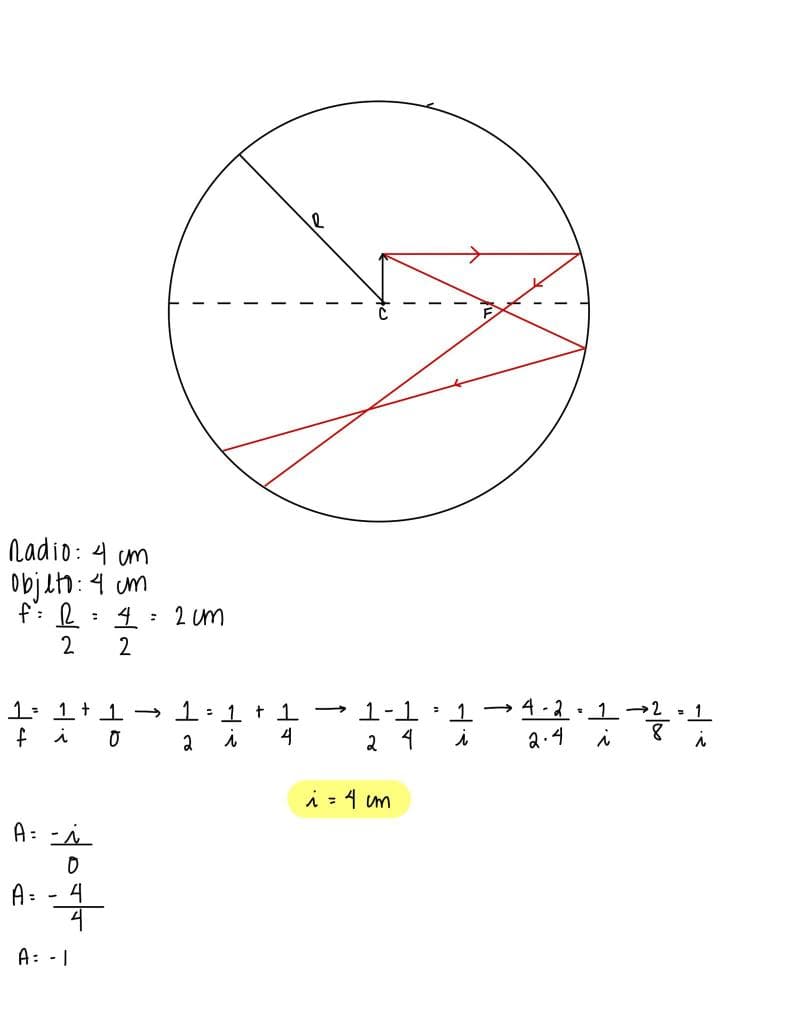 nadio: 4 um
objeto: 4 um
F
= 4 = 2 mm
2
2
1 = 1 + 1 → 1 = 1 + 1
f i
0
ว
A 4
A = -
A = - 4
A - I
***
→1-1=1
24
A = 4 cm
*
4-2= 12 = 1
2.4
i
8