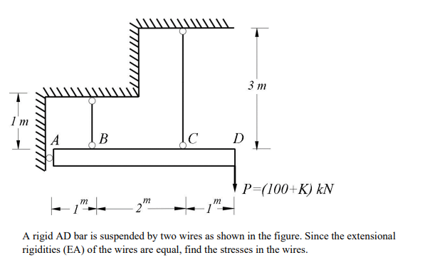 I'm
A
Fi
m
B
m
C
m
3 m
P (100+K) kN
A rigid AD bar is suspended by two wires as shown in the figure. Since the extensional
rigidities (EA) of the wires are equal, find the stresses in the wires.