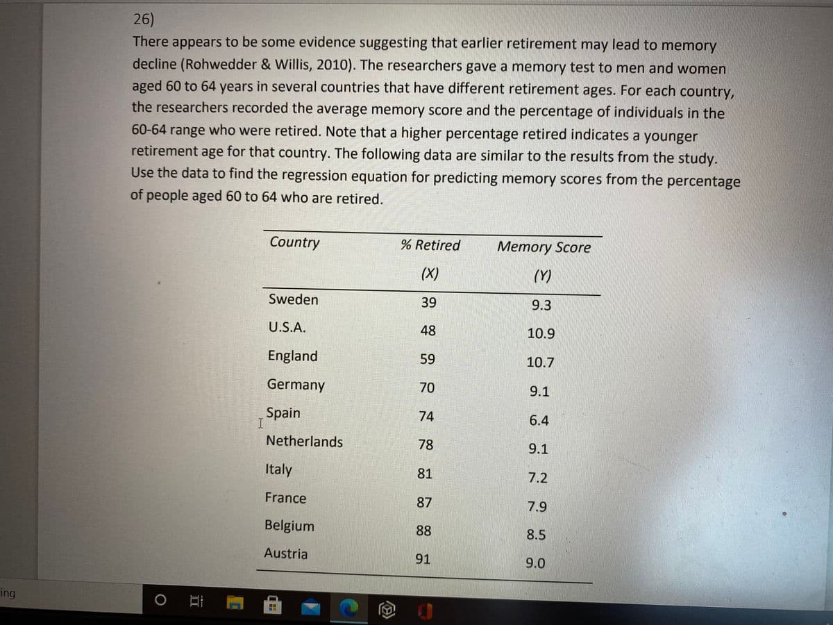 26)
There appears to be some evidence suggesting that earlier retirement may lead to memory
decline (Rohwedder & Willis, 2010). The researchers gave a memory test to men and women
aged 60 to 64 years in several countries that have different retirement ages. For each country,
the researchers recorded the average memory score and the percentage of individuals in the
60-64 range who were retired. Note that a higher percentage retired indicates a younger
retirement age for that country. The following data are similar to the results from the study.
Use the data to find the regression equation for predicting memory scores from the percentage
of people aged 60 to 64 who are retired.
Country
% Retired
Memory Score
(X)
(Y)
Sweden
39
9.3
U.S.A.
48
10.9
England
59
10.7
Germany
70
9.1
Spain
74
6.4
Netherlands
78
9.1
Italy
81
7.2
France
87
7.9
Belgium
88
8.5
Austria
91
9.0
ing
