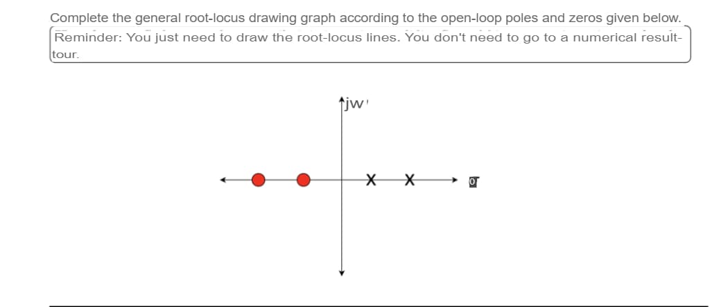 Complete the general root-locus drawing graph according to the open-loop poles and zeros given below.
Reminder: You just need to draw the root-locus lines. You don't need to go to a numerical result-
tour.
↑jw'
XX