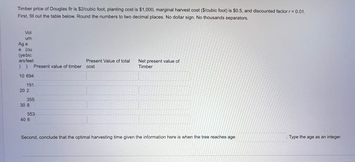 Timber price of Douglas fir is $2/cubic foot, planting cost is $1,000, marginal harvest cost ($/cubic foot) is $0.5, and discounted factor r = 0.01.
First, fill out the table below. Round the numbers to two decimal places. No dollar sign. No thousands separators.
Vol
um
Age
e (cu
(ye bic
ars feet
) ) Present value of timber cost
10 694
191
20 2
355
30 8
553
40 6
Present Value of total
Net present value of
Timber
Second, conclude that the optimal harvesting time given the information here is when the tree reaches age
Type the age as an integer.