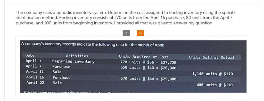 The company uses a periodic inventory system. Determine the cost assigned to ending inventory using the specific
identification method. Ending inventory consists of 270 units from the April 16 purchase, 80 units from the April 7
purchase, and 100 units from beginning inventory. I provided all that was givento answer my question
A company's inventory records indicate the following data for the month of April:
Units Acquired at Cost
770 units @ $36= $27,720
650 units @ $40 = $26,000
570 units @ $44 = $25,080
Date
April 1
April 7
April 11
April 16
April 22
The comp
Activities
Beginning inventory
Purchase
Sale
Purchase
Sale
Units Sold at Retail
1,140 units @ $110
400 units @ $110
