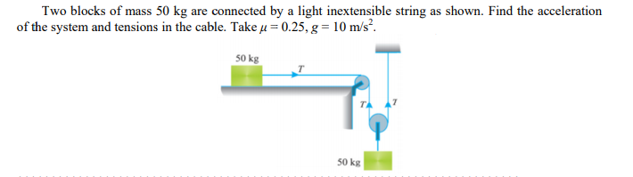 Two blocks of mass 50 kg are connected by a light inextensible string as shown. Find the acceleration
of the system and tensions in the cable. Take µ = 0.25, g = 10 m/s².
50 kg
50 kg
