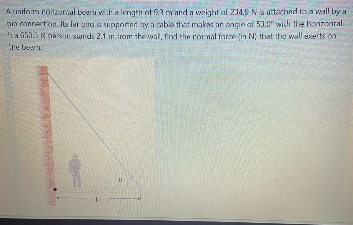 A uniform horizontal beam with a length of 9.3 m and a weight of 234.9 N is attached to a wall by a
pin connection. Its far end is supported by a cable that makes an angle of 53.0° with the horizontal.
If a 650.5 N person stands 2.1 m from the wall, find the normal force (in N) that the wall exerts on
the beam.
L.

