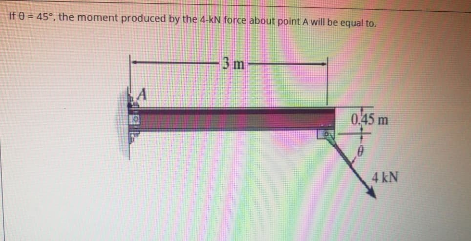 If 0 = 45°, the moment produced by the 4-kN force about point A will be equal to.
3 m
0.45 m
4 kN
