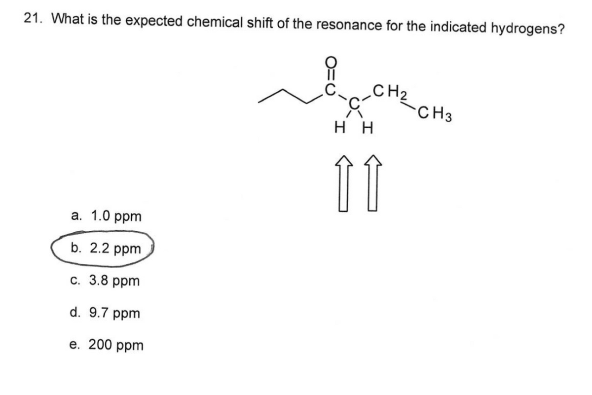21. What is the expected chemical shift of the resonance for the indicated hydrogens?
a. 1.0 ppm
b. 2.2 ppm
c. 3.8 ppm
d. 9.7 ppm
e. 200 ppm
CH₂
HH
11
2 CH3