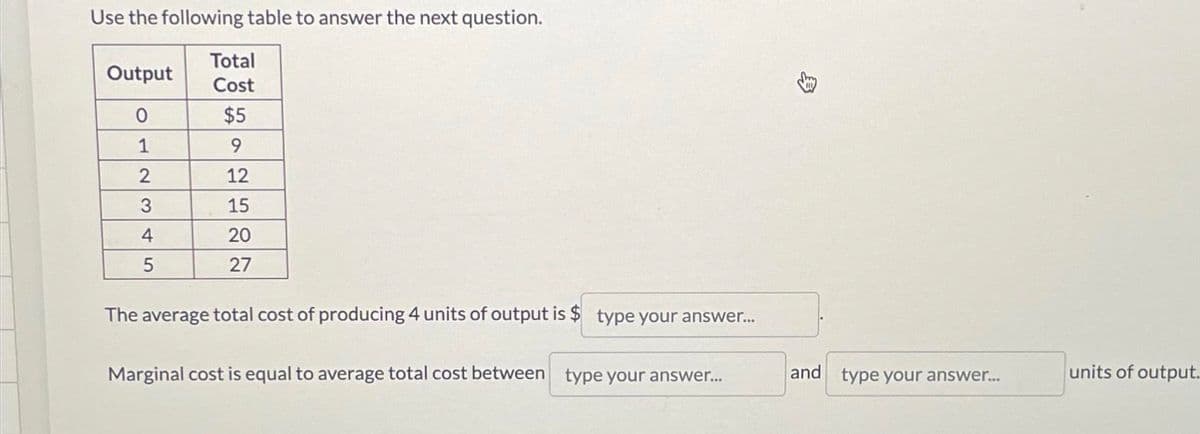 Use the following table to answer the next question.
Output
0
1
2
3
4
5
Total
Cost
$5
9
12
15
20
27
The average total cost of producing 4 units of output is $ type your answer...
Marginal cost is equal to average total cost between type your answer...
and type your answer...
units of output.