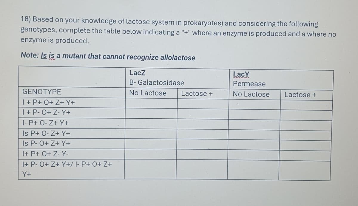 18) Based on your knowledge of lactose system in prokaryotes) and considering the following
genotypes, complete the table below indicating a "+" where an enzyme is produced and a where no
enzyme is produced.
Note: Is is a mutant that cannot recognize allolactose
GENOTYPE
1 + P+ O+ Z+Y+
1 + P- O+ Z- Y+
I- P+ O-Z+ Y+
Is P+ O-Z+ Y+
Is P- O+ Z+ Y+
I+ P+ O+ Z-Y-
I+ P- O+ Z+ Y+/ I- P+ O+ Z+
Y+
LacZ
B- Galactosidase
No Lactose
LacY
Permease
Lactose +
No Lactose
Lactose +
