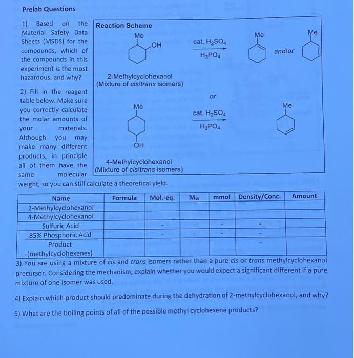 Prelab Questions
Me
1) Based on the Reaction Scheme
Material Safety Data
Sheets (MSDS) for the
compounds, which of
the compounds in this
experiment is the most.
hazardous, and why?
2) Fill in the reagent
table below. Make sure
you correctly calculate
the molar amounts of
your
materials.
Name
2-Methylcyclohexanol
4-Methylcyclohexanol
2-Methylcyclohexanol
(Mixture of cis/trans isomers)
Me
OH
Although you may
make many different
products, in principle
all of them have the
same
molecular
weight, so you can still calculate a theoretical yield.
OH
4-Methylcyclohexanol
(Mixture of cis/trans isomers)
cat. H₂SO4
H₂PO4
or
cat. H₂SO4
H₂PO4
Me
G
andlor
Formula Mol.-eq. Mw mmol Density/Conc.
Me
Me
Amount
Sulfuric Acid
85% Phosphoric Acid
Product
(methylcyclohexenes)
3) You are using a mixture of cis and trans isomers rather than a pure cis or trans methylcyclohexanol
precursor. Considering the mechanism, explain whether you would expect a significant different if a pure
mixture of one isomer was used.
4) Explain which product should predominate during the dehydration of 2-methylcyclohexanol, and why?
5) What are the boiling points of all of the possible methyl cyclohexene products?