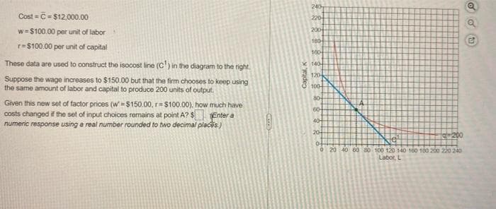 Cost=C=$12,000.00
w=$100.00 per unit of labor
r=$100.00 per unit of capital
These data are used to construct the isocost line (C¹) in the diagram to the right.
Suppose the wage increases to $150.00 but that the firm chooses to keep using
the same amount of labor and capital to produce 200 units of output.
Given this new set of factor prices (W = $150.00, r=$100.00), how much have
costs changed if the set of input choices remains at point A? $
Enter a
numeric response using a real number rounded to two decimal places.)
Capital, K
240
220-
200-
180-
100-
x140
120
100-
80
60-
40
20-4
0
tal-200
20 40 60 80 100 120 140 100 100 200 220 240
Labor, L
JOU