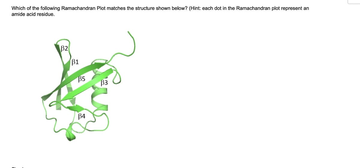 Which of the following Ramachandran Plot matches the structure shown below? (Hint: each dot in the Ramachandran plot represent an
amide acid residue.
B2
B1
B5
B4
B3