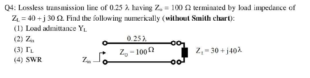 Q4: Lossless transmission line of 0.25 A having Zo = 100 2 terminated by load impedance of
= 40 +j 30 2. Find the following numerically (without Smith chart):
(1) Load admittance YL
(2) Zin
0.252
(3) IL
Zo = 1002
Z, = 30 + j402
(4) SWR
Zin
