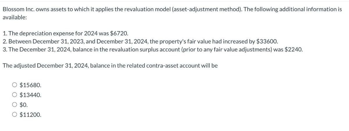 Blossom Inc. owns assets to which it applies the revaluation model (asset-adjustment method). The following additional information is
available:
1. The depreciation expense for 2024 was $6720.
2. Between December 31, 2023, and December 31, 2024, the property's fair value had increased by $33600.
3. The December 31, 2024, balance in the revaluation surplus account (prior to any fair value adjustments) was $2240.
The adjusted December 31, 2024, balance in the related contra-asset account will be
O $15680.
O $13440.
○ $0.
○ $11200.