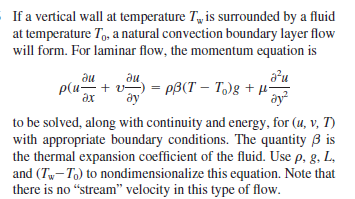 If a vertical wall at temperature T, is surrounded by a fluid
at temperature T, a natural convection boundary layer flow
will form. For laminar flow, the momentum equation is
au
ди.
p(u-+ v) = PB(T – T)g + µ-
ди
ay
to be solved, along with continuity and energy, for (u, v, T)
with appropriate boundary conditions. The quantity B is
the thermal expansion coefficient of the fluid. Use p, g, L,
and (Tw- To) to nondimensionalize this equation. Note that
there is no “stream" velocity in this type of flow.
