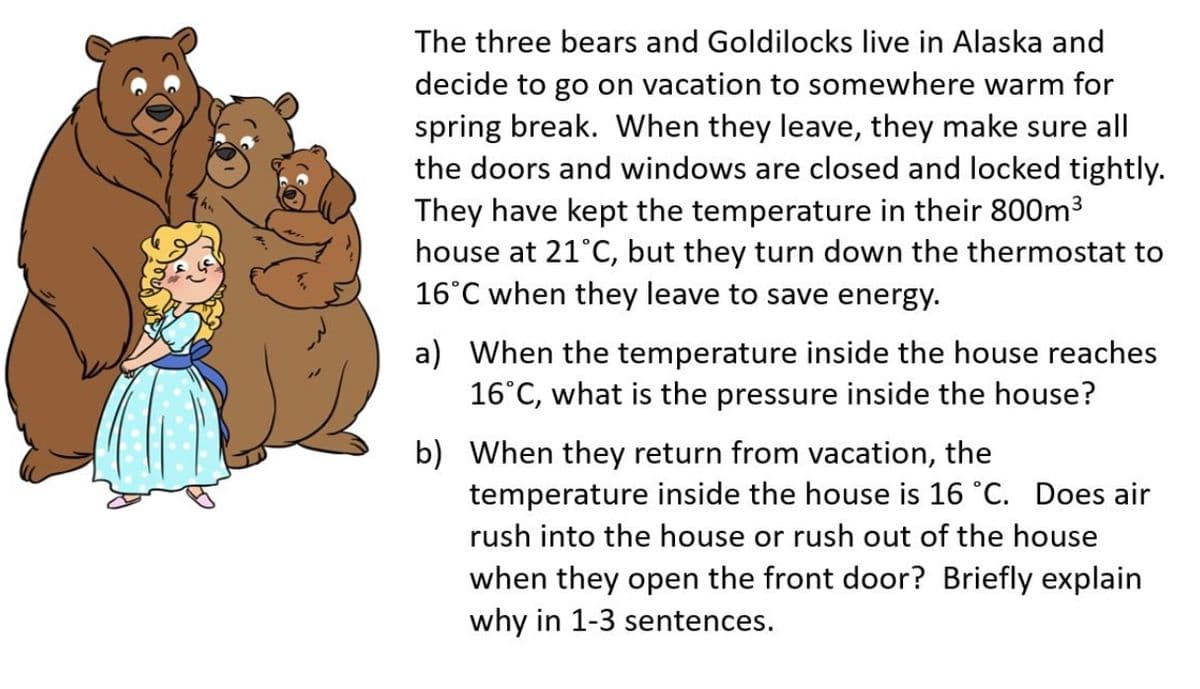 The three bears and Goldilocks live in Alaska and
decide to go on vacation to somewhere warm for
spring break. When they leave, they make sure all
the doors and windows are closed and locked tightly.
They have kept the temperature in their 800m³
house at 21°C, but they turn down the thermostat to
16°C when they leave to save energy.
a) When the temperature inside the house reaches
16°C, what is the pressure inside the house?
b) When they return from vacation, the
temperature inside the house is 16 °C. Does air
rush into the house or rush out of the house
when they open the front door? Briefly explain
why in 1-3 sentences.
