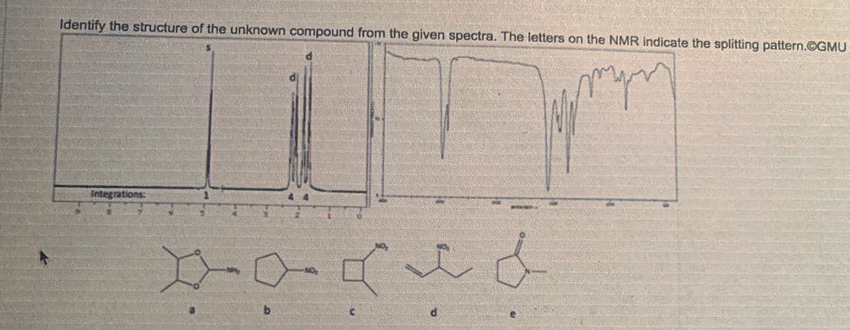 Identify the structure of the unknown compound from the given spectra. The letters on the NMR indicate the splitting pattern.©GMU
при
yom
Integrations:
d
--
b
W