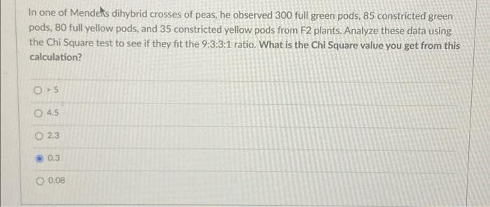 In one of Mendeks dihybrid crosses of peas, he observed 300 full green pods, 85 constricted green
pods, 80 full yellow pods, and 35 constricted yellow pods from F2 plants. Analyze these data using
the Chi Square test to see if they fit the 9:3:3:1 ratio. What is the Chi Square value you get from this
calculation?
O>5
O 4.5
O 23
0.3
O 0.08
