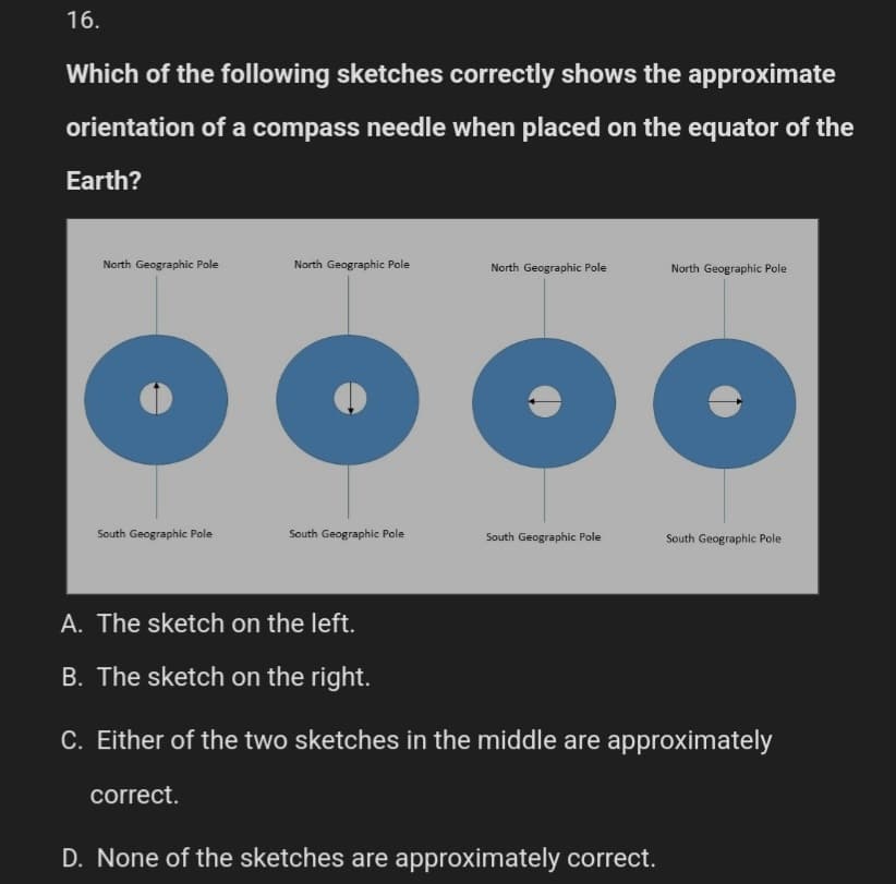 16.
Which of the following sketches correctly shows the approximate
orientation of a compass needle when placed on the equator of the
Earth?
North Geographic Pole
South Geographic Pole
North Geographic Pole
South Geographic Pole
North Geographic Pole
South Geographic Pole
North Geographic Pole
D. None of the sketches are approximately correct.
South Geographic Pole
A. The sketch on the left.
B. The sketch on the right.
C. Either of the two sketches in the middle are approximately
correct.