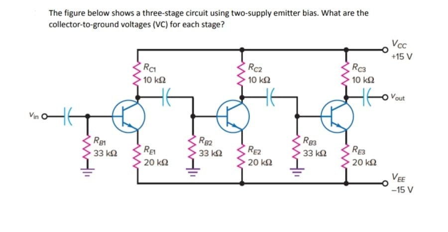 The figure below shows a three-stage circuit using two-supply emitter bias. What are the
collector-to-ground voltages (VC) for each stage?
Rc1
Rez
Rc3
• 10 ΚΩ
• 10 ΚΩ
• 10 ΚΩ
Vin
RE1
RE2
• 20 ΚΩ
• 20 ΚΩ
RB₁1
· 33 ΚΩ
RB2
33 ΚΩ
RB3
33 ΚΩ
Vcc
+15 V
to Yout
RE3
• 20 ΚΩ
VEE
–15 V