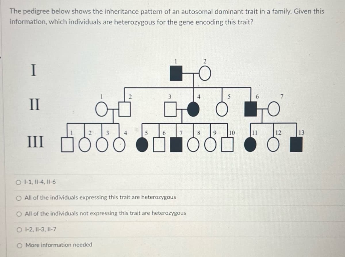 The pedigree below shows the inheritance pattern of an autosomal dominant trait in a family. Given this
information, which individuals are heterozygous for the gene encoding this trait?
I
II
III
4
fidő ő
2 3
O 1-2, 11-3, 11-7
6
O 1-1, 11-4, 11-6
O All of the individuals expressing this trait are heterozygous
O All of the individuals not expressing this trait are heterozygous
O More information needed
2
8
ос
9
10
7
12
13