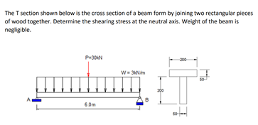 The T section shown below is the cross section of a beam form by joining two rectangular pieces
of wood together. Determine the shearing stress at the neutral axis. Weight of the beam is
negligible.
W= 3Nim
6 0m
