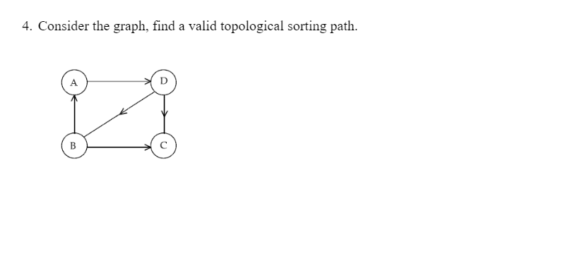 4. Consider the graph, find a valid topological sorting path.
A
B
