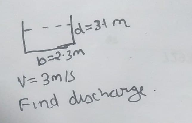 E = √d=3² m
b=2.3m
V=3mls
Find discharge.