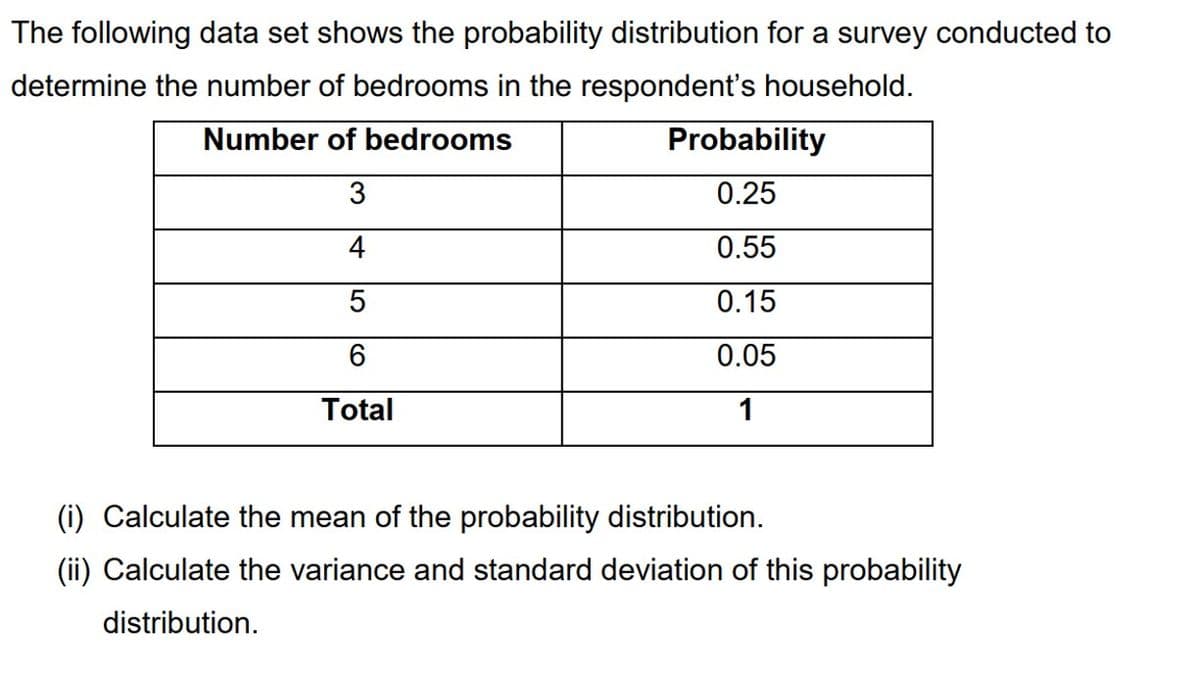 The following data set shows the probability distribution for a survey conducted to
determine the number of bedrooms in the respondent's household.
Number of bedrooms
Probability
3
0.25
4
0.55
0.15
6.
0.05
Total
1
(i) Calculate the mean of the probability distribution.
(ii) Calculate the variance and standard deviation of this probability
distribution.
